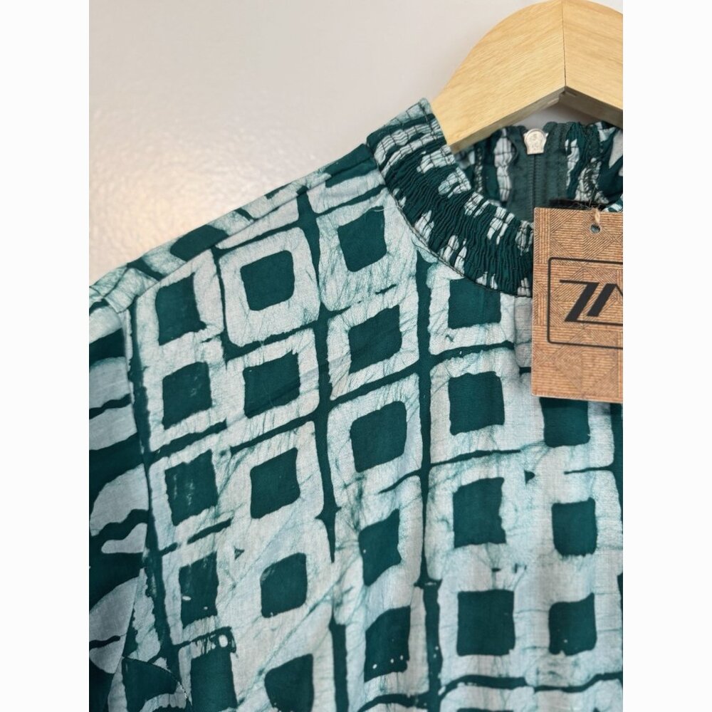 Zanaani Toyin Geometric Print Maxi Dress Sz Large Teal Green Mock Neck Pockets - Picture 7 of 14